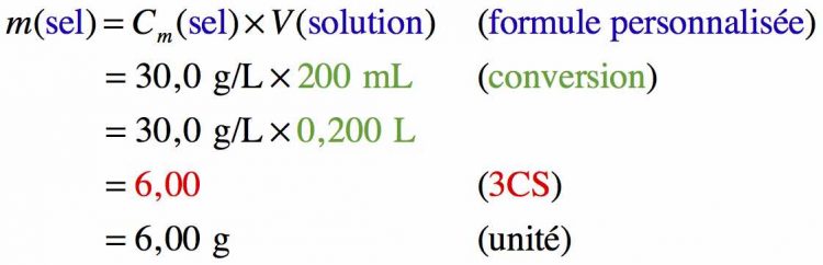 Résolution pas à pas d'un calcul sur la masse de sel connaissant sa concentration