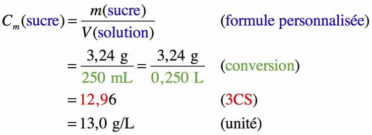 résolution pas à pas d'un calcul sur la concentration en masse de sucre