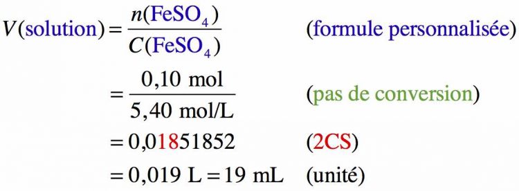 Résolution pas à pas d'un calcul sur le volume d'une solution de sulfate de fer