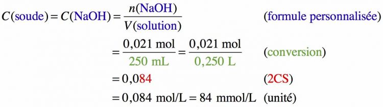 résolution pas à pas d'un calcul sur la concentration en quantité de matière de soude