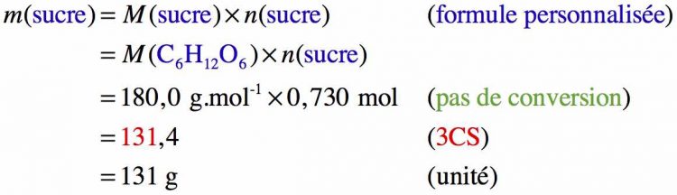 Résolution pas à pas d'un calcul sur la masse de sucre connaissant sa masse molaire