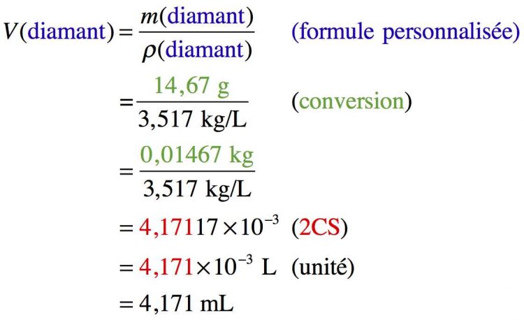 Résolution pas à pas d'un calcul sur le volume d'un diamant connaissant sa masse volumique