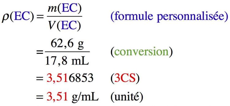 Résolution pas à pas d'un calcul sur la masse volumique d'une espèce chimique inconnue