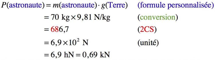 Résolution pas à pas d'un calcul sur le poids d'un astronaute sur la Terre