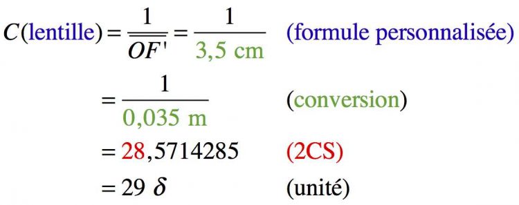 Résolution pas à pas d'un calcul sur la vergence d'un lentille