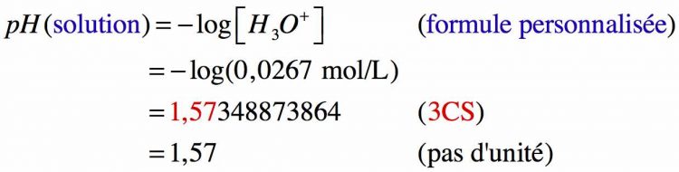 Résolution pas à pas d'un calcul sur le pH connaissant sa concentration en ion oxonium