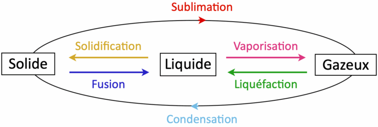 Les états physiques (S, L, G) avec le nom des changements d’état