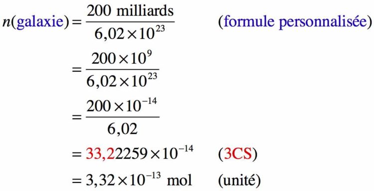 Calculs détaillés de la quantité de matière de galaxies à l'aide de la constante d'Avogadro