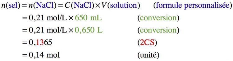 Résolution pas à pas d'un calcul sur la quantité de matière de sel dans une solution