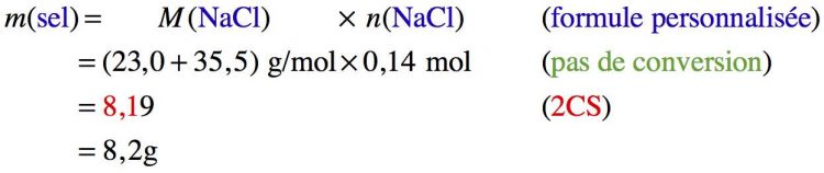 Résolution pas à pas d'un calcul sur la masse de sel connaissant sa masse molaire