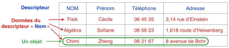 Tableau de données avec mise en évidence des descripteurs et objets