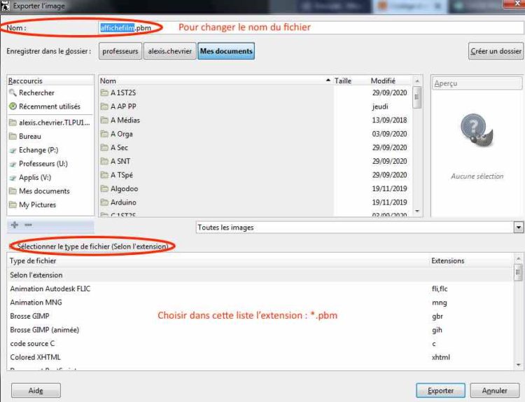 Fenêtre apparaissant sur le logiciel Gimp après être allé dans les onglets "Fichier / Exporter sous..."