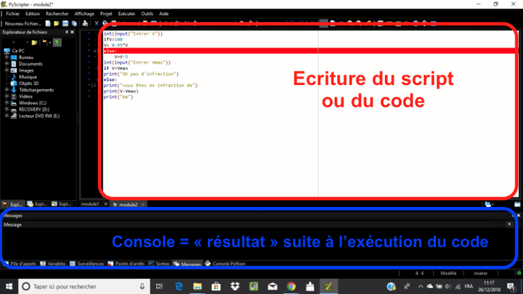 Affichage du logiciel Edupython en mettant en évidence la zone "code" et la zone "console"