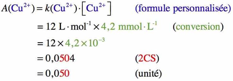 Exercice avec un calcul de l'absorbance d'une solution de sulfate de cuivre