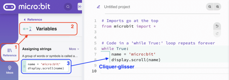 Dans le simulateur Makecode V3 de microbit, on montre comment cliquer-glisser facilement des instructions préenregistrées.