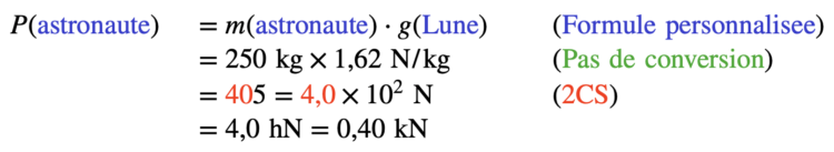 Résolution pas à pas d'un calcul sur le poids d'un astronaute sur la lune