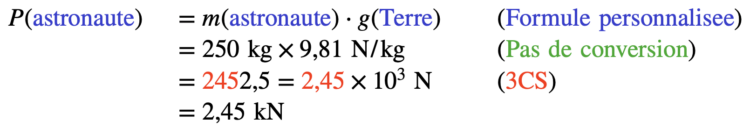 Résolution pas à pas d'un calcul sur le poids d'un astronaute sur Terre