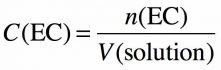 Formule de la concentration en quantité de matière en fonction de la quantité de matière et du volume